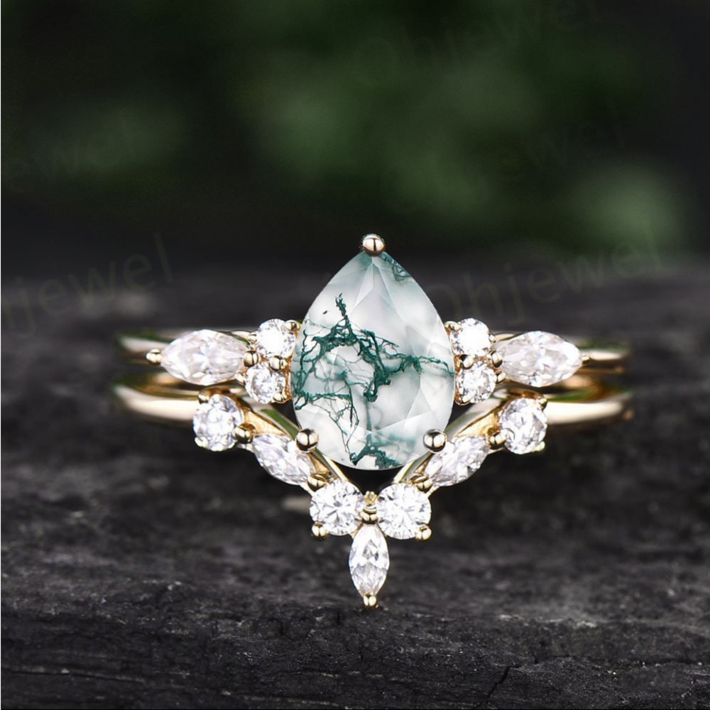 Pear shaped moss agate engagement bridal ring set vintage moissanite 4.75